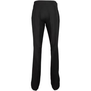 Black straight leg trousers with a fitted waistband and a sleek design, featuring a logo on the back.