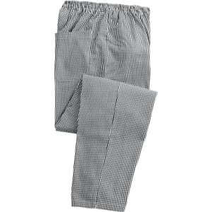 Pull-on chef's trousers in black and white check pattern, featuring an elastic waistband and one pocket.