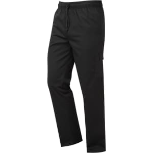 Black cargo trousers with a drawstring waist and side pockets, ideal for cooking or casual wear.