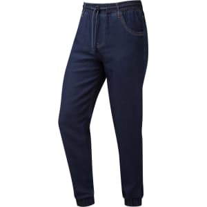 Artisan jogger bottoms in dark blue denim, featuring an elastic waistband and cuffs. Includes a logo.