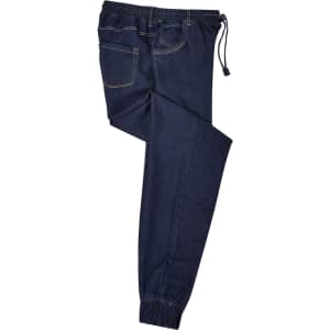 Navy jogger bottoms with an elastic waistband and drawstring, featuring pockets and a relaxed fit.