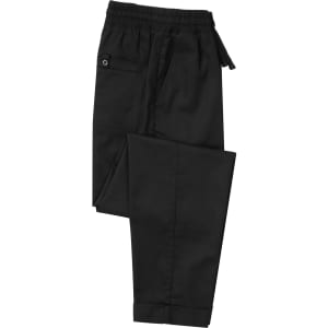 A pair of black cargo trousers with an elastic waistband and pockets, featuring a logo.