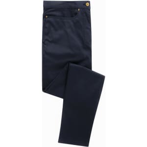 Navy blue chino jeans displayed flat, featuring a button closure and pockets, with a small logo on the waistband.