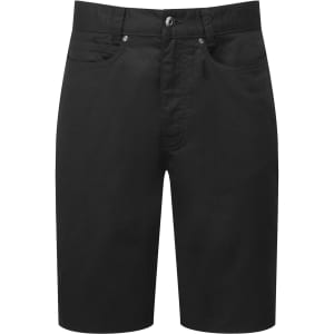 Black chino shorts with a front fly and pockets, featuring a logo on the waistband.