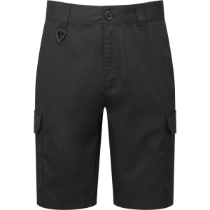 Workwear cargo shorts in black with side pockets and a belt loop detail. Features a button closure and no visible branding.