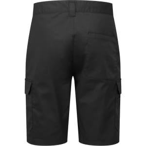 Black cargo shorts featuring side pockets and a back pocket, designed for workwear. Includes a logo.