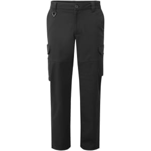 Black cargo trousers featuring side pockets and a logo. Suitable for work environments and casual wear.