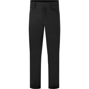 A pair of black trousers featuring a standard fit and a waistband with a button closure. Contains a logo.