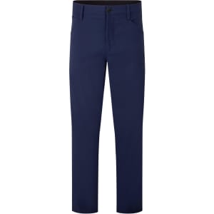 Navy trousers with a straight-leg design and a black waistband, featuring a secure button closure.