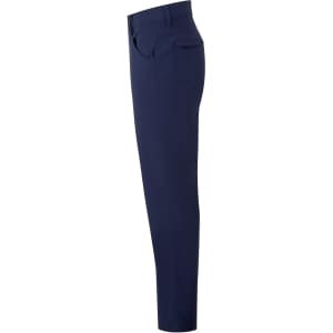 A pair of navy blue trousers with a sleek design and a back pocket, featuring a branding logo.