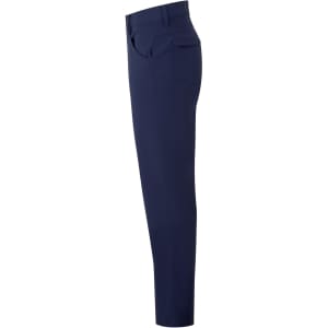 A pair of navy blue trousers displayed from the side, featuring a slim fit and back pocket. Branding is visible.