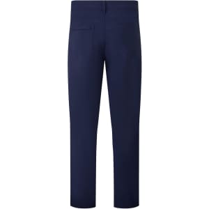A pair of navy blue trousers with a straight cut and rear pockets. The design features a logo.