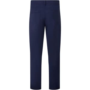 A pair of navy trousers with a straight leg design, featuring pockets and a logo on the back.