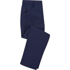 A pair of navy blue trousers with a tailored design, featuring pockets and a smooth fabric finish.