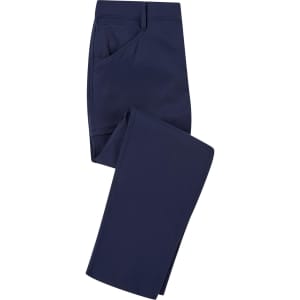 Navy blue work trousers laid out flat, featuring pockets and a branding logo.