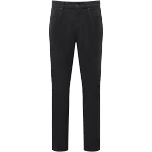 Black straight-leg jeans feature a classic design with front pockets and a logo. Suitable for various occasions.