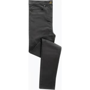 A pair of women's performance chino jeans in grey, featuring a branded logo and a classic fit.