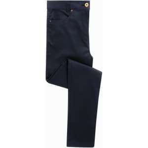 Navy women's performance chino jeans with a button closure and five-pocket design, featuring a brand logo.