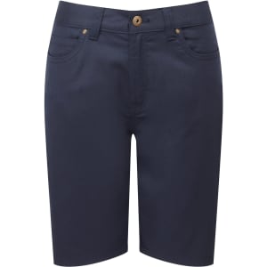 Navy women's performance chino shorts with a classic design, featuring pockets and a button closure.