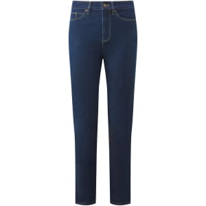 A pair of women's straight-leg jeans in dark blue denim with visible stitching and a front button.