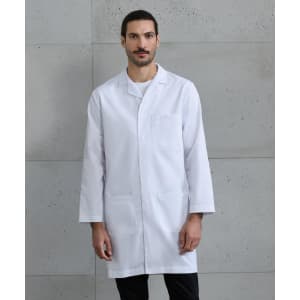 A white, three-pocket lab coat worn by a male model, featuring a logo on the chest area.