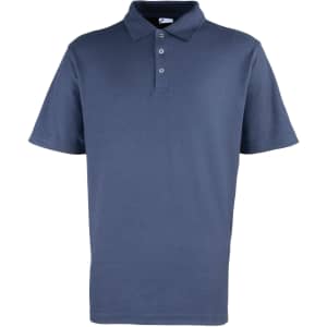 A navy blue polo shirt featuring a classic collar and three-button placket, with a branding logo on the side.