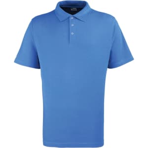 A blue polo shirt with short sleeves and a three-button placket, featuring a logo on the chest area.
