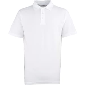 A plain white polo shirt with a collar and three-button placket, featuring a logo on the chest.