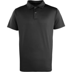 A black polo shirt featuring a classic collar and three buttons, with a logo on the chest.