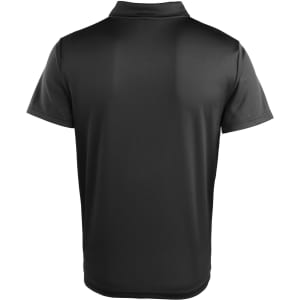 A black polo shirt featuring a smooth fabric finish and a collar, with a logo on the back.