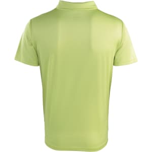 A light green polo shirt with a plain and simple design, featuring a collar and short sleeves. It has a logo on the back.