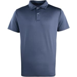 A navy blue studded polo shirt with a collar and three button placket, featuring a logo.