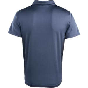 A navy blue polo shirt with a classic collar and short sleeves, featuring a logo on the back.