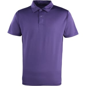 A purple polo shirt with a classic collar and three buttons, featuring a logo on the chest.