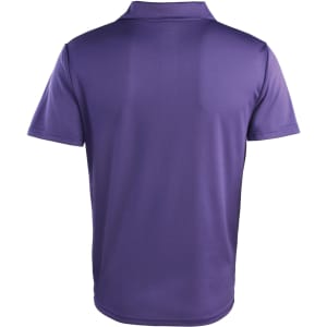 A purple studded polo shirt with a classic collar and short sleeves, featuring a logo on the fabric.