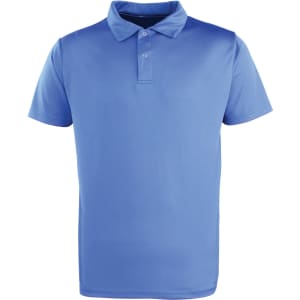 A blue polo shirt with a collared neckline and two-button placket. It features a logo on the chest.