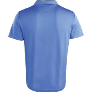 A blue studded polo shirt featuring a collar and short sleeves, with a logo on the back.
