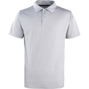 A light grey polo shirt with a classic collar and a logo on the chest. Short-sleeved design.