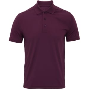 A maroon pique polo shirt with a three-button placket and short sleeves. It features a logo on the chest.