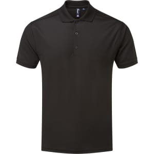 A black polo shirt featuring a collar, three buttons, and a discreet logo on the chest.