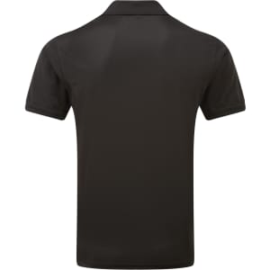 A black polo shirt with a classic pique fabric and a collar, featuring a logo on the front.