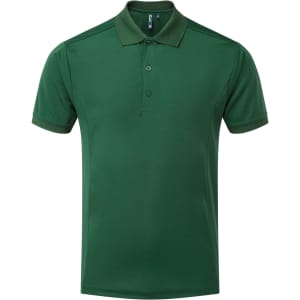 A green polo shirt featuring a collar and three buttons, with a logo on the chest.