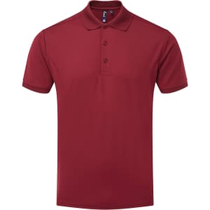 A maroon polo shirt featuring a three-button placket and a logo on the chest. Suitable for workwear.