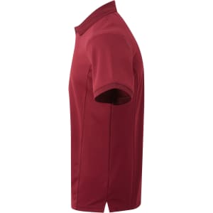 A maroon polo shirt featuring a classic collar and short sleeves, with a logo on the front.