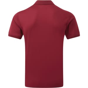 A maroon polo shirt with a classic collar and short sleeves, featuring a logo on the back.