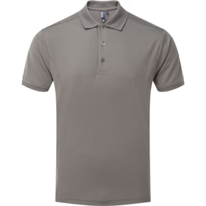 A grey polo shirt featuring a classic collar, three buttons, and a branding logo. Ideal for workwear settings.