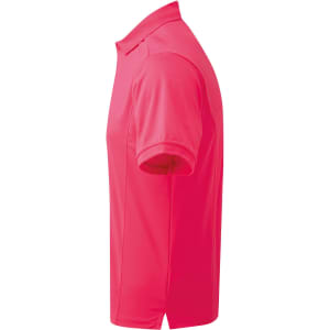 A pink polo shirt with short sleeves and a collar, featuring a logo on the chest area.