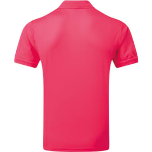 A vibrant pink polo shirt with a classic collar, featuring a logo on the back.