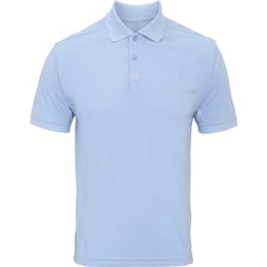 A light blue polo shirt with a classic collar and three buttons, featuring a logo on the chest.