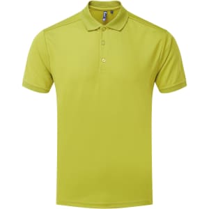 A bright lime green polo shirt with a collar and buttons, featuring a logo on the chest.